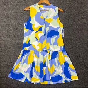 Nine West Buttoned Blue and Yellow Ruffle Hem Patterned Dress, Women’s Small